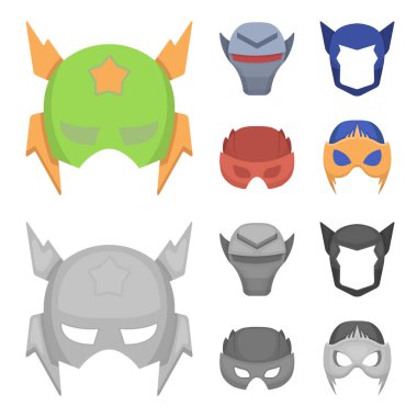 Kask, maske kafasına. Maske süper kahraman çizgi film, tek renkli stil vektör simge stok çizim web simgeler ayarla.