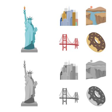 Bir megacity, Büyük Kanyon, golden gate Köprüsü, çörek çikolata ile. ABD ülke küme toplama simgeler karikatür, tek renkli stil vektör simge stok çizim web.