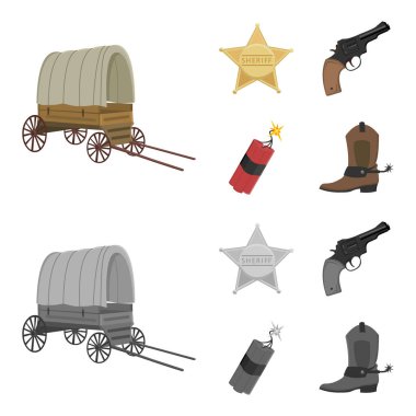 Yıldız Şerif, Colt, dinamit, kovboy çizme. Vahşi Batı toplama simgeler çizgi film, tek renkli stil vektör simge stok çizim web ayarla..