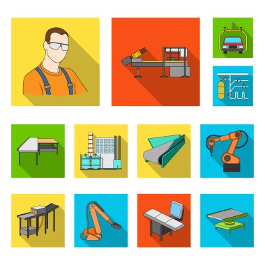 Ekipman ve makine düz simgeler set koleksiyonu tasarım için. Fabrika vektör simge stok web çizim teknik ilerleme.