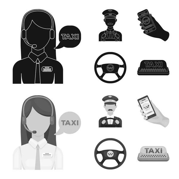 Un taxista con un micrófono, un taxista al volante, un teléfono celular con un número, un volante de coche. Taxi set colección iconos en negro, estilo monocromo vector símbolo stock ilustración web . — Vector de stock