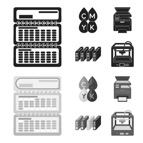 Calendrier, gouttes de peinture, cartouche, imprimante multifonction. Typographie set collection icônes en noir, monochrome style vectoriel symbole illustration web . — Image vectorielle