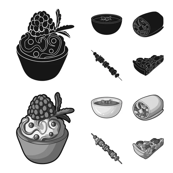 Ahududu, Yeşiller, sebze sosis, şişleri sebze vejetaryen çorbası ile pasta. Vejetaryen yemekleri toplama simgeler siyah, tek renkli stil vektör simge stok şekilde ayarla.