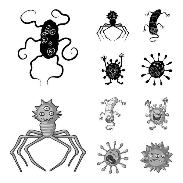 不同类型的微生物和病毒。病毒和细菌集合图标在黑色, 单色样式矢量符号股票插画网站. — 图库矢量图片