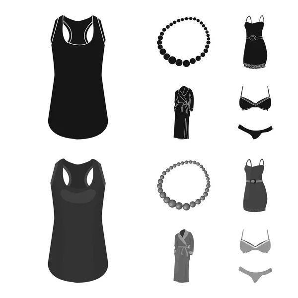 Camiseta, abalorios, sarafán de verano con correas con cinturón, un vestido de casa. Ropa de las mujeres conjunto de iconos de colección en negro, el estilo monocromo vector símbolo stock ilustración web . — Vector de stock