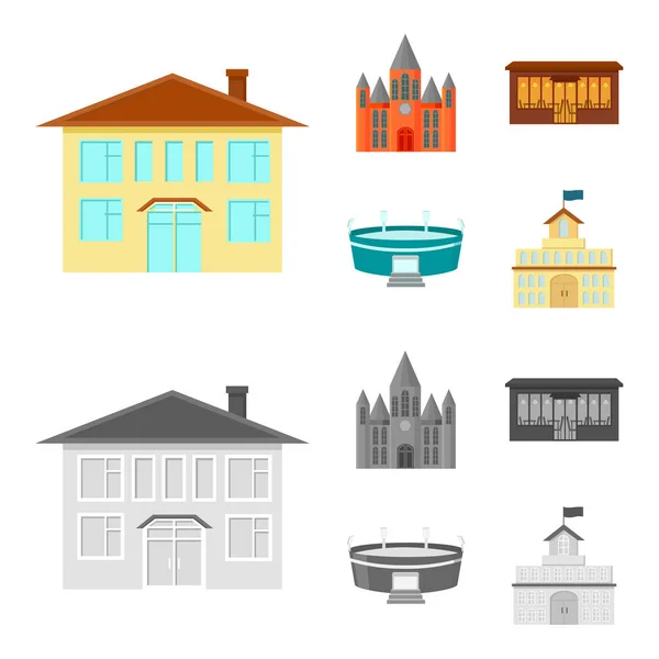 Haus der Regierung, Stadion, Café, church.building Set Sammlung Symbole in Cartoon, monochromen Stil Vektor Symbol Stock Illustration Web. — Stockvektor