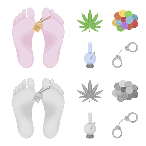 Hemp leaf, ecstasy pill, handcuffs, bong.Drug set collection icons in cartoon,monochrome style vector symbol stock illustration web. — Stock Vector