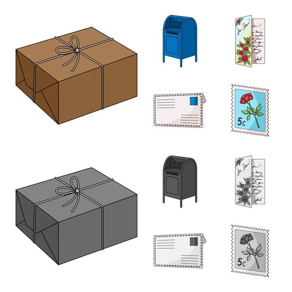 Buzón, tarjeta de felicitación, sello postal, sobre. Iconos de colección de conjunto de correo y cartero en dibujos animados, estilo monocromo vector símbolo stock illustration web . — Vector de stock