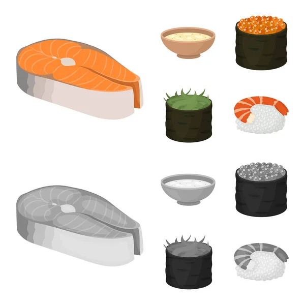 Schüssel Suppe, Kaviar, Garnelen mit Reis. Sushi Set Sammlung Symbole in Cartoon, monochromen Stil Vektor Symbol Stock Illustration Web. — Stockvektor