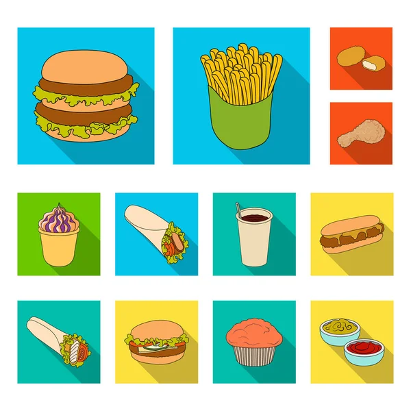 Fast-food planos ícones na coleção definida para o projeto. Comida de produtos semi-acabados vector ilustração web estoque de símbolo. — Vetor de Stock
