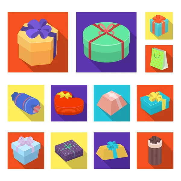 Iconos planos de regalo y embalaje en la colección del sistema para la ilustración de la tela del símbolo del vector del embalaje design.Colorful . — Vector de stock