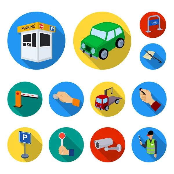 Parkplatz für Autos flache Symbole in Set-Kollektion für Design. Ausrüstung und Service-Vektor Symbol Stock Web Illustration. — Stockvektor