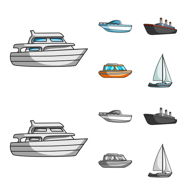 Barco de proteção, bote salva-vidas, vapor de carga, iate esportivo.Navios e ícones de coleta de conjunto de transporte de água em desenhos animados, estilo monocromático símbolo vetorial ilustração web . — Vetor de Stock