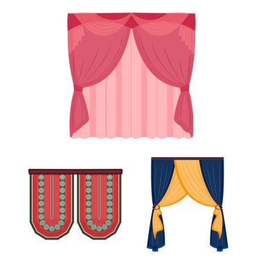 Perde çeşitleri set koleksiyonu tasarım için simgeleri karikatür. Perdeler ve Saçakların sembol stok web illüstrasyon vektör.