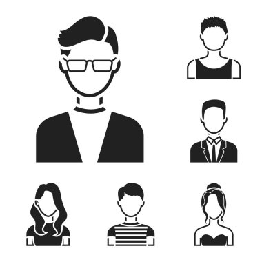 Set koleksiyonu tasarım için simgeler siyah avatar ve yüz. Bir kişi görünümü vektör simge stok web çizim.