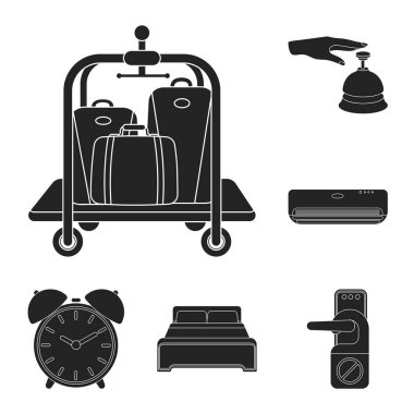 Otel ve ekipman set koleksiyonu tasarım için simgeler siyah. Otel ve konfor sembol stok web illüstrasyon vektör.