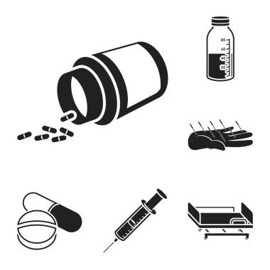 İlaç ve tedavi set koleksiyonu tasarım için simgeler siyah. Tıp ve ekipman sembol stok web illüstrasyon vektör.