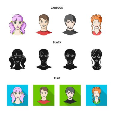 Gençlerin farklı görünüyor. Avatar ve yüz toplama simgeler çizgi film, siyah, düz stil vektör simge stok çizim web ayarla.