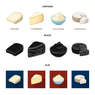Gruyere, camembert, mascarpone, gorgonzola. Farklı peynir toplama simgeler çizgi film, siyah, düz stil vektör simge stok çizim web içinde ayarla..