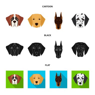 Farklı doğurmak-in köpek ağızlık. St. Bernard, golden retriever, Doberman, Dalmaçyalı doğurmak köpek toplama simgeler çizgi film, siyah, düz stil vektör simge stok çizim web içinde ayarla..