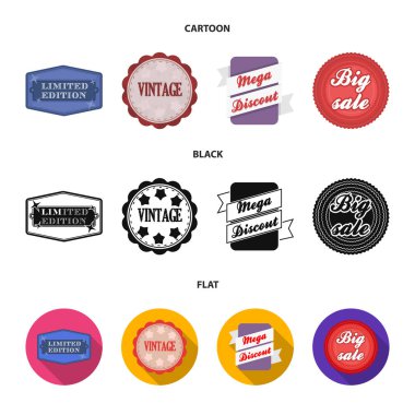 Sayılı seri, vintage, mega discont, kazmak Satılık. Etiket, çizgi film, siyah, düz stil vektör simge stok çizim web simgeler ayarla.