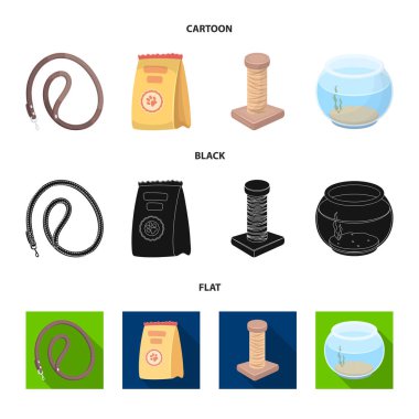 Tasma, yem ve diğer hayvanat bahçesi Mağaza Ürünler. Evde beslenen hayvan dükkan toplama simgeler çizgi film, siyah, düz stil vektör simge stok çizim web içinde.