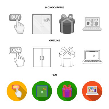 El, tıklayın, Asansör, Hediyelik, kutusu, kapı, online mağaza ve diğer ekipmanlar. E ticaret toplama simgeler koymak düz, anahat, tek renkli stil vektör simge stok çizim web.