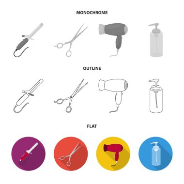 Saç kurutma makinesi, saç kurutma makinesi, losyon, makas. Kuaför toplama simgeler koymak düz, anahat, tek renkli stil vektör simge stok çizim web.