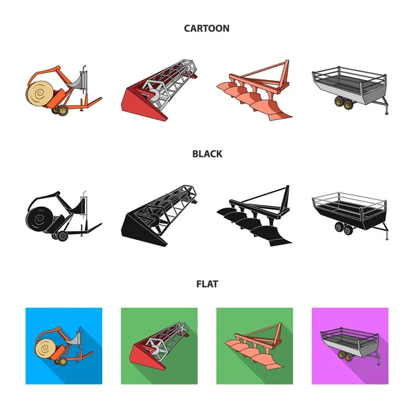 Pflug, Drescher, Anhänger und andere landwirtschaftliche Geräte. Landmaschinen Set Sammlung Symbole in Cartoon, schwarz, flachen Stil Vektor Symbol Stock Illustration Web. — Stockvektor