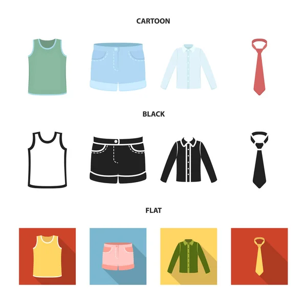 Camisa con mangas largas, pantalones cortos, camiseta, corbata. Conjunto de ropa iconos de la colección en dibujos animados, negro, estilo plano símbolo vectorial stock illustration web . — Vector de stock