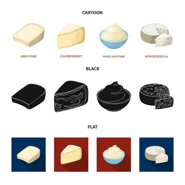 Gruyere, camembert, mascarpone, gorgonzola.Different tipos de iconos colección conjunto de queso en la historieta, negro, estilo plano vector símbolo stock ilustración web . — Vector de stock