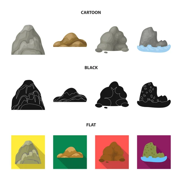 Stenblock, ett rundade berg, klippor i havet. Olika bergen som samling ikoner i tecknad, svart, platt stil vektor symbol stock illustration web. — Stock vektor