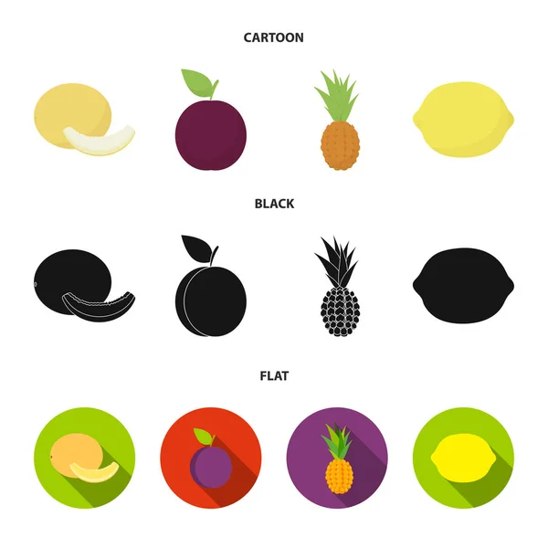 Melão, ameixa, abacaxi, limão. Ícones de coleção de conjuntos de frutas em desenhos animados, preto, estilo plano símbolo vetorial ilustração web . — Vetor de Stock
