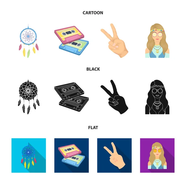 Amuleto, chica hippie, signo de libertad, viejo cassette.Hippy conjunto de iconos de la colección en la historieta, negro, plano estilo vector símbolo stock illustration web . — Vector de stock