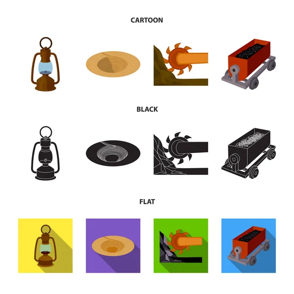 Egy bányász lámpa, tölcsér alakú, egy bányászati össze, a kocsi a vasérc. Bányaipar készlet gyűjtemény ikonok-ban rajzfilm, fekete, lapos stílusú vektor szimbólum stock illusztráció web. — Stock Vector