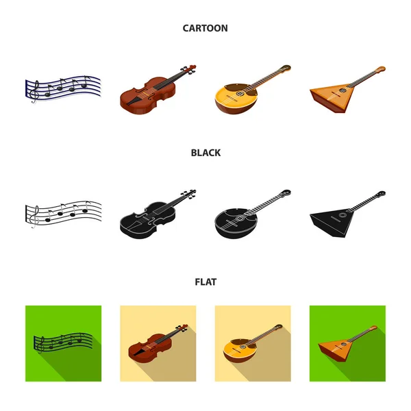 Instrumento musical desenhos animados, preto, ícones planos em coleção de conjuntos para design. Instrumento de corda e vento isométrico vetor símbolo web ilustração . — Vetor de Stock