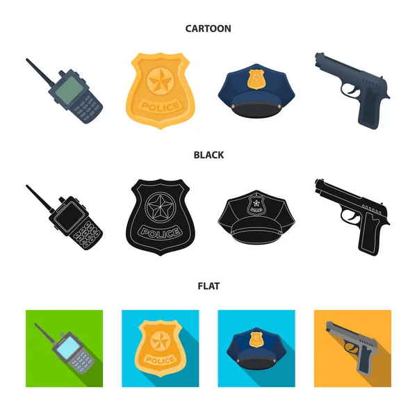 Radio, Polizeiabzeichen, Uniformmütze, Pistol.police Set Sammlung Symbole in Cartoon, schwarz, flachen Stil Vektor Symbol Stock Illustration Web. — Stockvektor