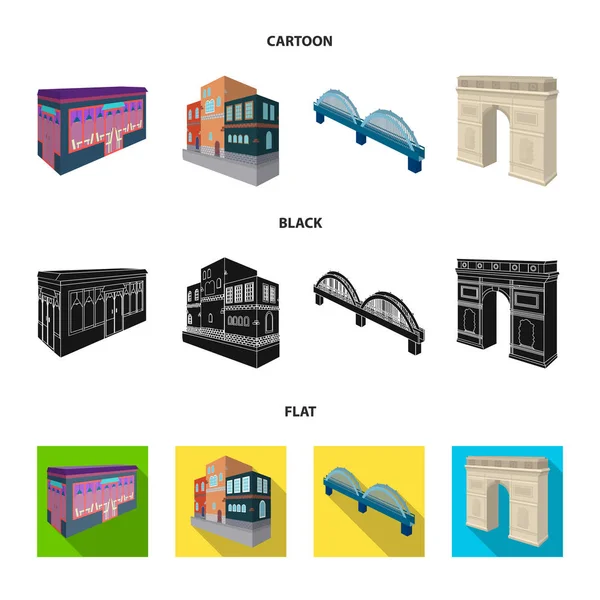 Arc de Triomphe à Paris, Pont renforcé, cafétéria, Maison de style scandinave. Architecture et ensemble de construction icônes de la collection en dessin animé, noir, plat style vectoriel symbole illustration stock — Image vectorielle