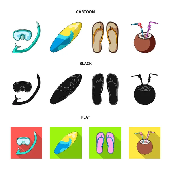 Plongée, surf, cocktail.Summer vacances set collection icônes en dessin animé, noir, plat style vectoriel symbole illustration web . — Image vectorielle