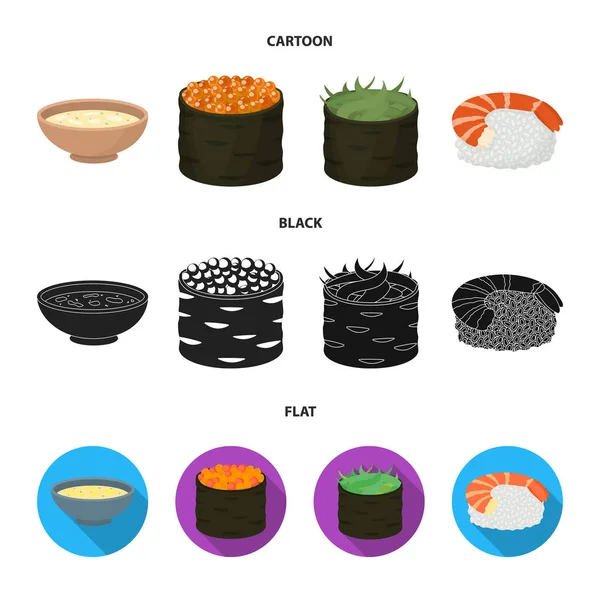 Taça de sopa, caviar, camarão com arroz. Sushi conjunto coleção ícones em desenhos animados, preto, estilo plano símbolo vetorial ilustração web . — Vetor de Stock