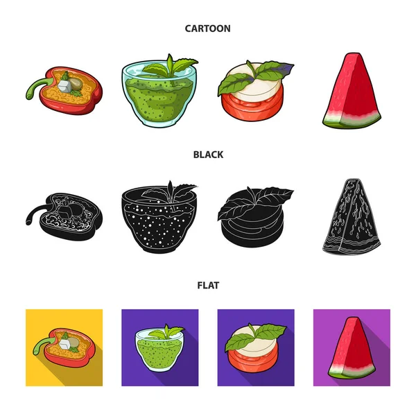 Tatlı Bulgar biber, vitamin içeceği, reçel ahududu ve nane yaprakları ile karpuz bir parçası. Vejetaryen yemekleri toplama simgeler çizgi film, siyah, düz stil vektör simge stok şekilde ayarla.