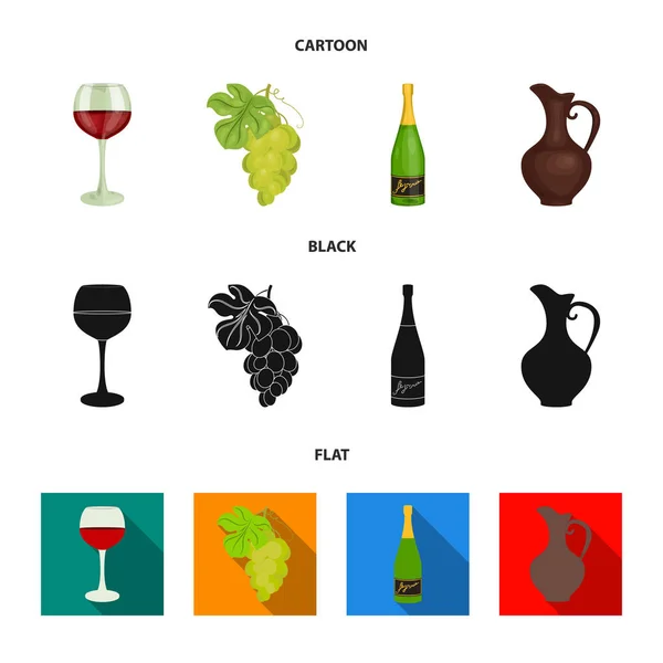 Um copo de vinho tinto, champanhe, um jarro de vinho, um monte. Produção de vinho conjunto coleção ícones em desenhos animados, preto, estilo plano símbolo vetorial estoque ilustração web . — Vetor de Stock