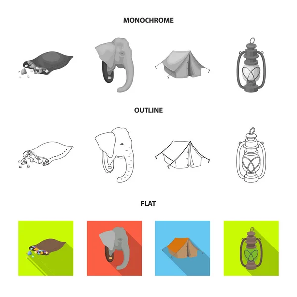 A bag of diamonds, an elephant head, a kerosene lamp, a tent. African safari set collection icons in flat,outline,monochrome style vector symbol stock illustration web. — Stock Vector