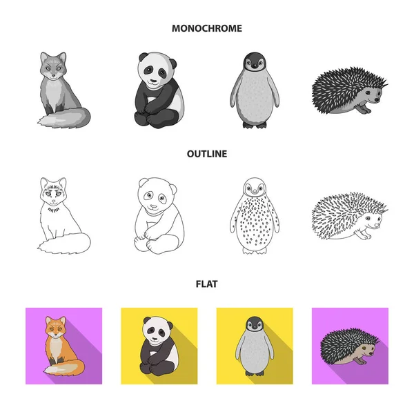 Fox, panda, erizo, pingüino y otros animales.Animals conjunto de iconos de colección en plano, contorno, estilo monocromo símbolo vectorial stock illustration web . — Archivo Imágenes Vectoriales