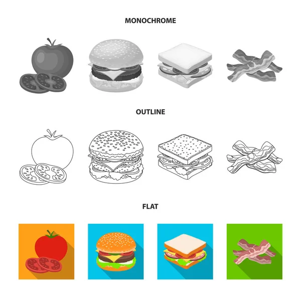 Hamburguesa e ingredientes planos, contorno, iconos monocromáticos en la colección de conjuntos para el diseño. Burger cocina vector símbolo stock web ilustración . — Vector de stock