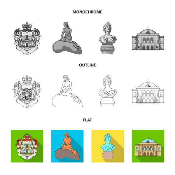 Nacional, símbolo, dibujo, y otro icono de la web en plano, contorno, estilo monocromo. Dinamarca, atributos, estilo, iconos en la colección de conjuntos . — Archivo Imágenes Vectoriales