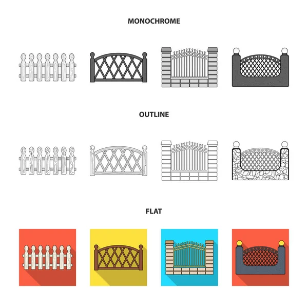 Una recinzione di metallo e mattoni, palizzata di legno. Un diverso set di recinzioni icone di raccolta in piatto, contorno, stile monocromatico vettore simbolo stock illustrazione web . — Vettoriale Stock