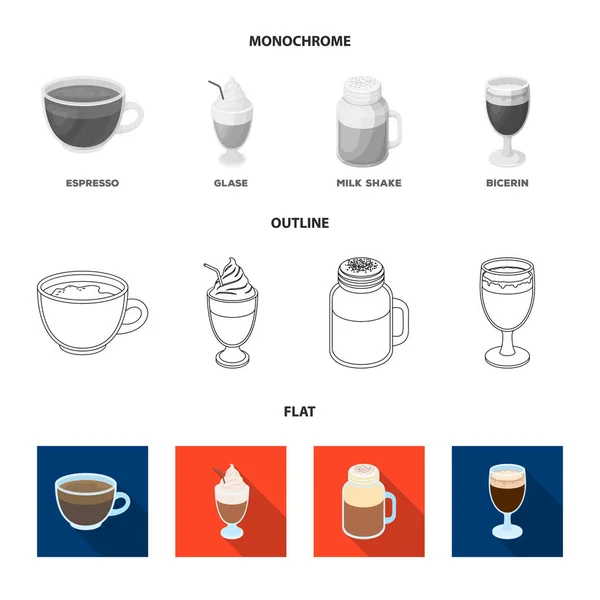 Esprecco, glase, batido de leche, bicerina.Diferentes tipos de iconos de colección de conjuntos de café en plano, contorno, estilo monocromo vector símbolo stock illustration web . — Archivo Imágenes Vectoriales