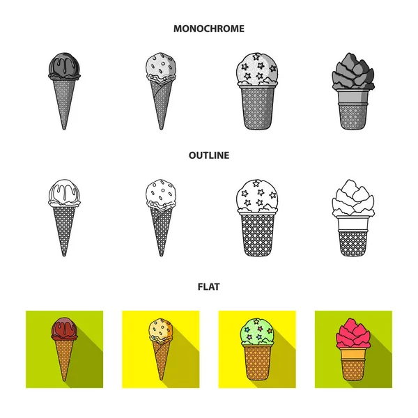 Fagylalt a bottal, egy waffle kúp és más fajok. Ice cream készlet gyűjtemény ikonok-ban lapos, vázlat, fekete-fehér stílus vektor szimbólum stock illusztráció web. — Stock Vector