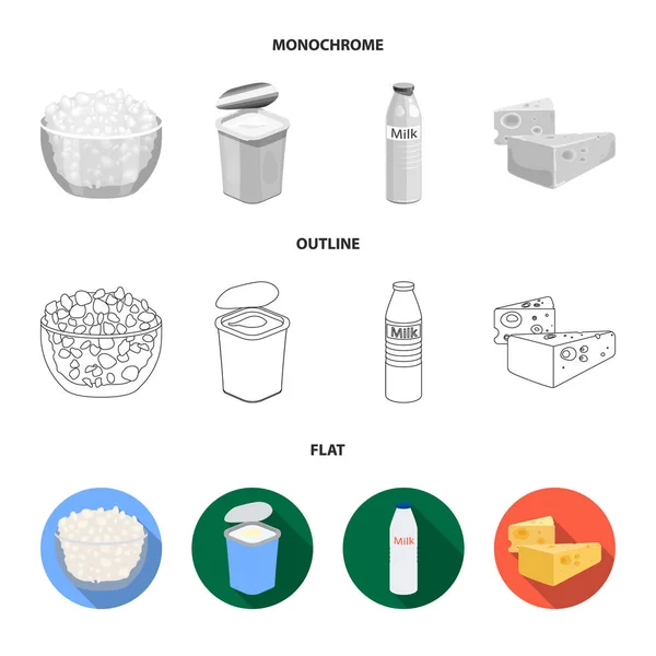 Melk, Calcium, Product, voedsel. Melkproduct en zoete instellen collectie iconen in flat, omtrek, zwart-wit stijl vector symbool stock illustratie web. — Stockvector